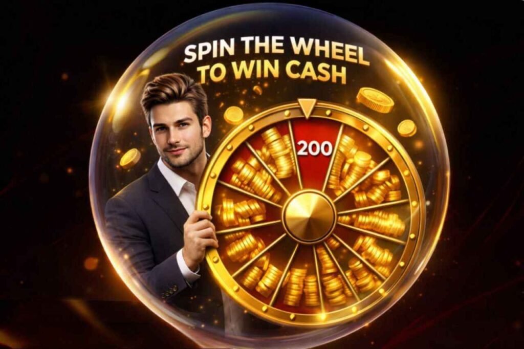 XX7 game spin the wheel to win cash, man holding golden prize wheel