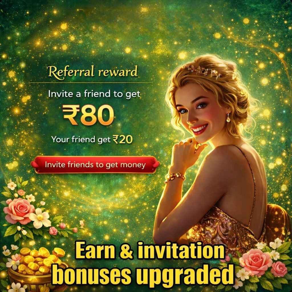 Woman smiling with golden dress surrounded by glowing sparkles, flowers, and coins promoting referral rewards on the XX7 app.
